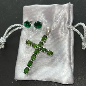 New Sterling Silver (.925) Peridot Cross Pendant & Pair of Emerald Studs (316)